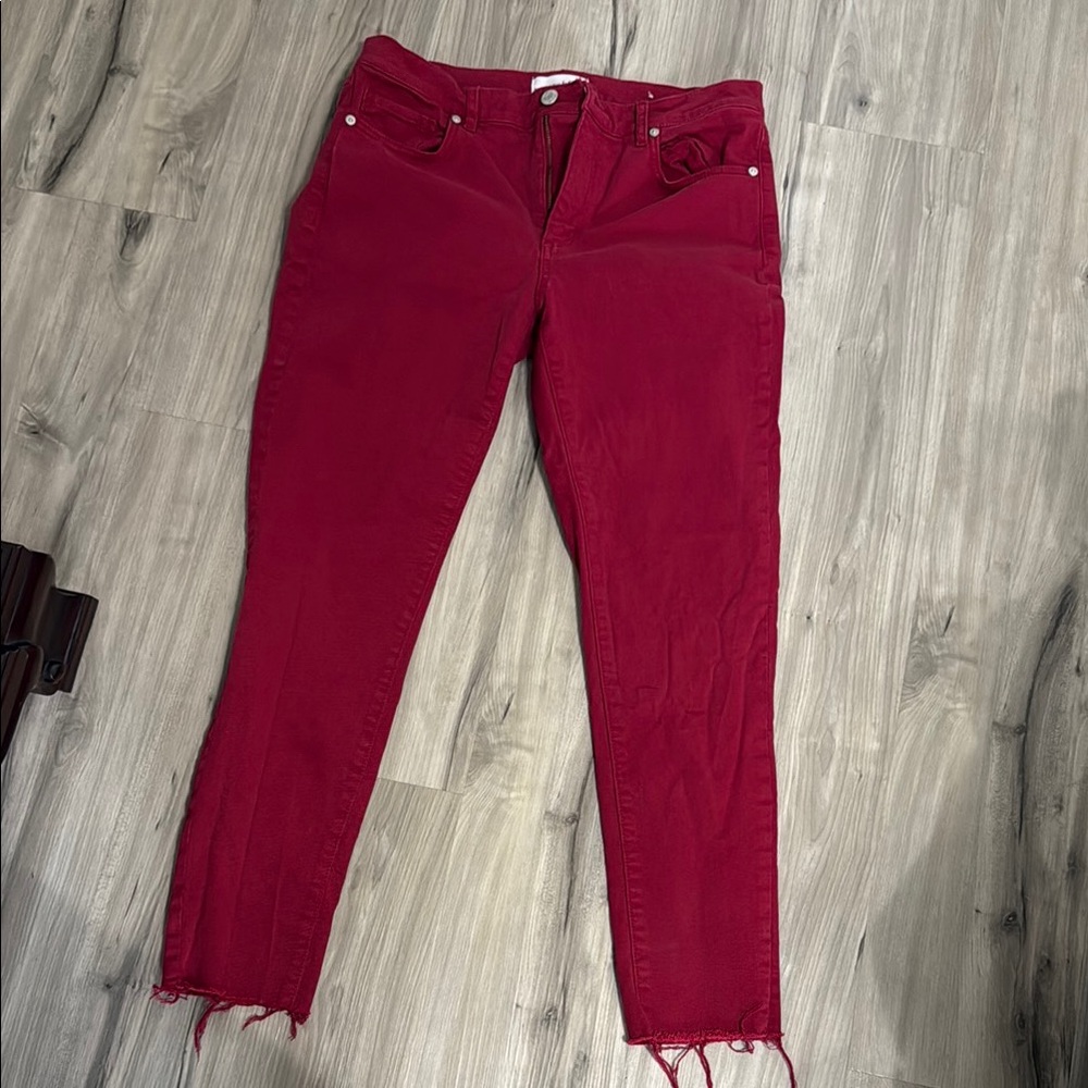 LOFT Red Cropped Ankle Jeans with Distressed Hem